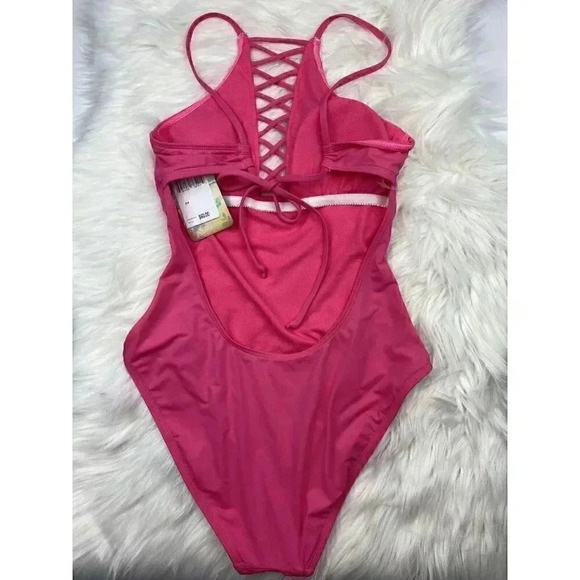 NWT $60 Hobie Women's Solid Strappy Lace up Front One Piece Swimsuit Pink Medium - Picture 6 of 9